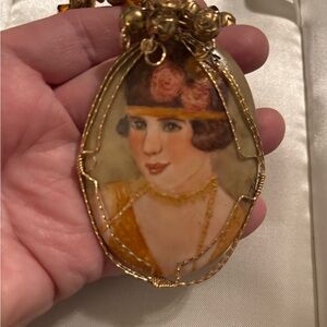 Vintage Inspired Hand Painted Gold Pendant with Portrait